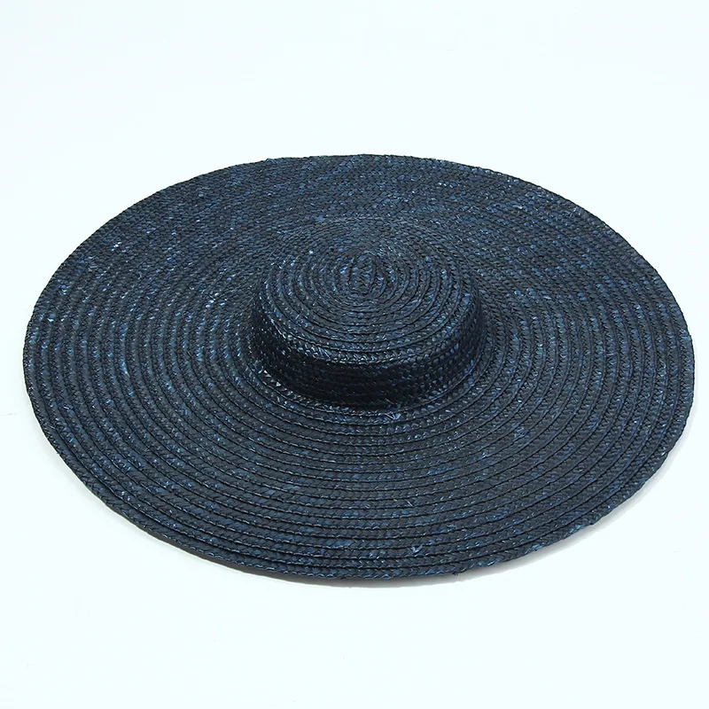 15cm wide Brim straw hat flat top summer beach hat womens ribbon rowing hat gray black pink blue with shoulder strap 241125