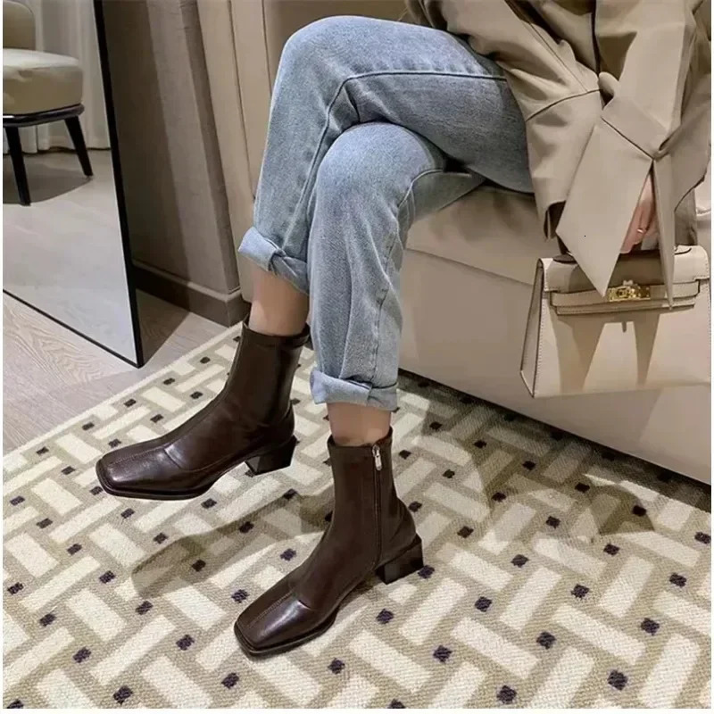 Square Toe Ankle Women Boot High Quality Soft Leather Short Boot Zipper Low Heel Chelsea Shoes Zapatos Muje 241114