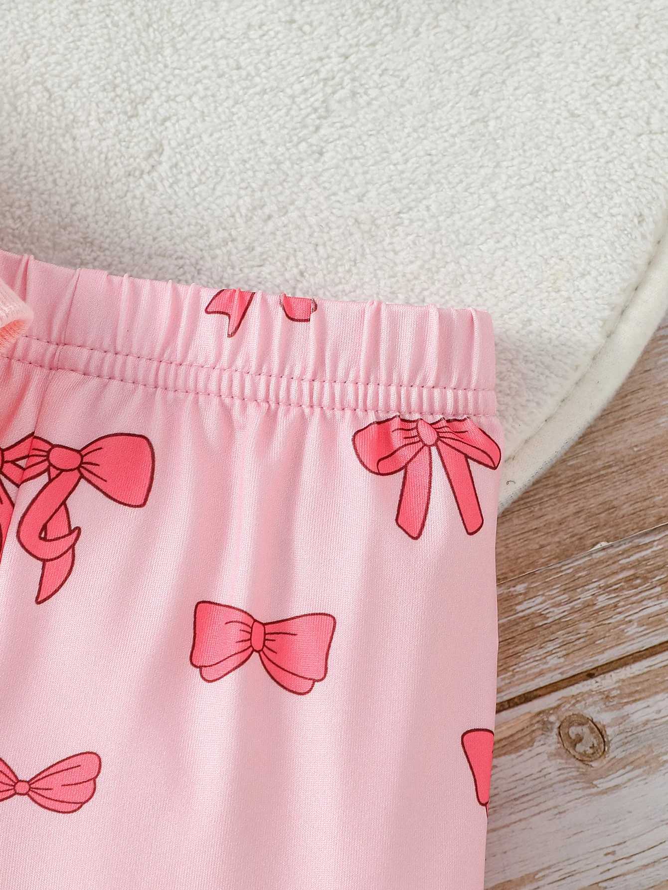 Clothing Sets 2Pcs Kids Girl Fall Outfit Solid Color Long Sleeve Sweatshirt With Bow Print Flare Pants Children Honey Pink Clothes Set H241126