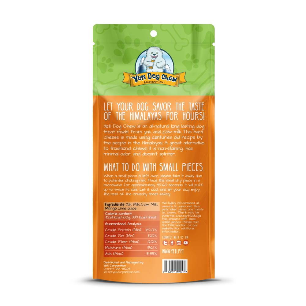 Yeti Dog All-Natural Mango Flavor Large 3.5 oz 40 per Case Organic Premium Rawhide Dog Snack Food Protein Rich Safe Dogs