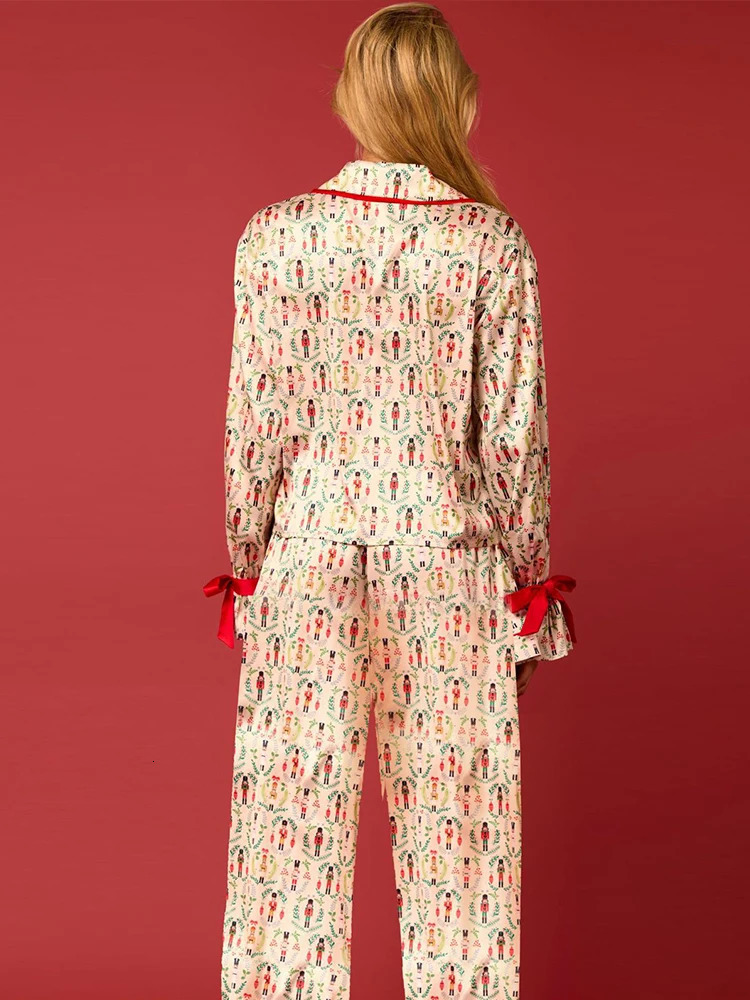 Leisure Y2K Pink Bow Womens Pajama Set 2-piece Long Cute Long Sleeve Matching Lounge Shirt Set 90S Santa Claus Pajama 241126