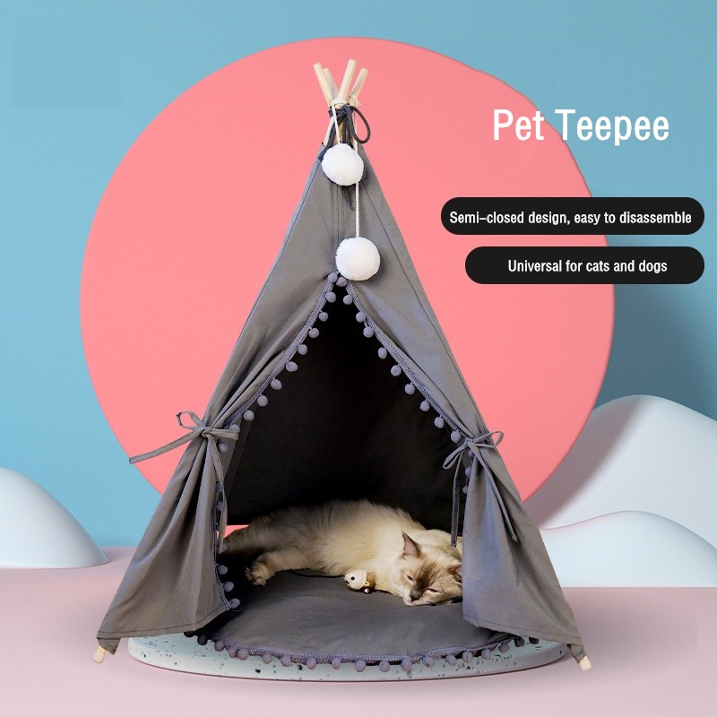 Washable Comfortable Indoor Pet Teepee Tent Cat Cave Bed Felt With Pattern Windows For Cats Dogs