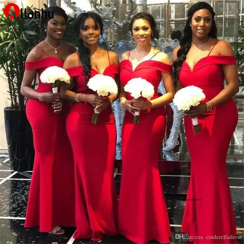 NEW African Red Mermaid Bridesmaid Dresses Off the Shoulder Floor Length Long Wedding Gowns Party Dress Robe De Soiree 2024
