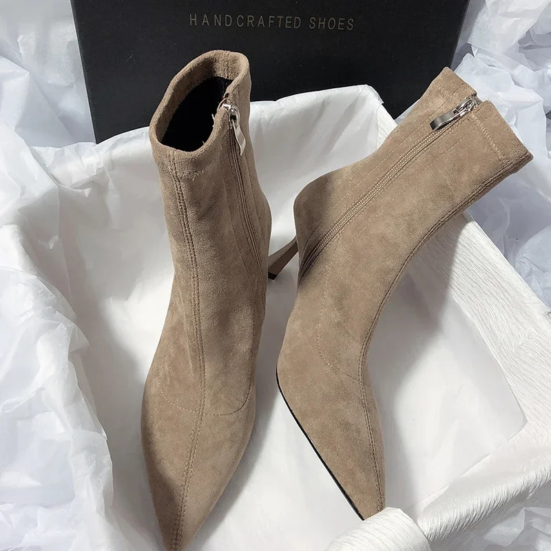 Pointed Toe Women Sock Short Boots Fashion Side Zippers Slim Ankle Booties Thin High Heel Autumn Winter Ladies Shoes 241114