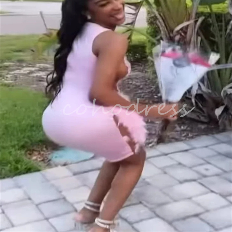 Amazing Pink Feather Prom Dresses For Black Girls Luxury Crystal Short Evening Dress Baddie Birthday Party Gowns Chic Homecoming Graduation Dinner Dre