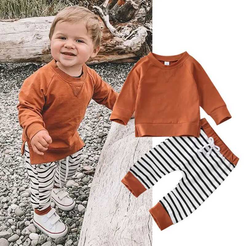 Clothing Sets 2 Pieces BoysClothing Set Solid Color Round Neck Sweatshirt Tops Long Striped Elastic Band Pants Boys Clothes 0-24M H241126
