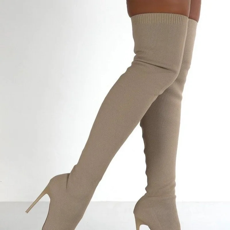Ladies Socks Over The Knee Women Boots Stretch Fabrics High Heel Slip on Shoes Pointed Toe Woman Long Boots Size 36-43 241114