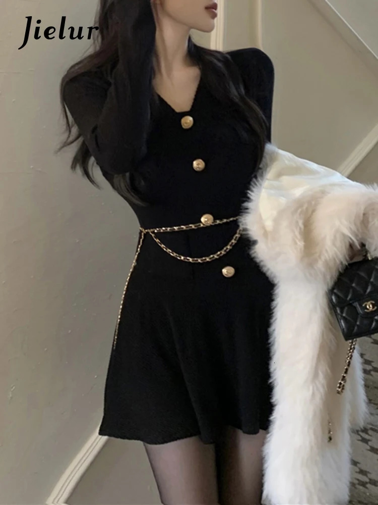 Jielur Sexy Black Knitting Female Mini Dress Chic Chain Buttons Slim Vneck Fashion Womens Dresses Solid Color Winter 241112