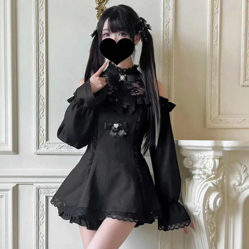 Japanese Gothic rhinestone bow dress set womens lace shoulder long sleeved ultra-thin shirt dress Lolita Y2k dress 241125