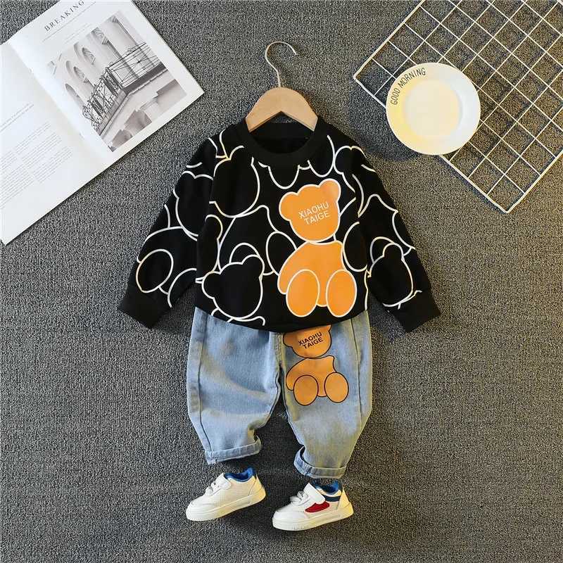 Clothing Sets Spring Autumn Baby Boys Clothes Sets Children Fashion Cartoon Bear Long Sleeve Tops Jeans Pants 2Pcs Outfits Kids Sport Suit H241126