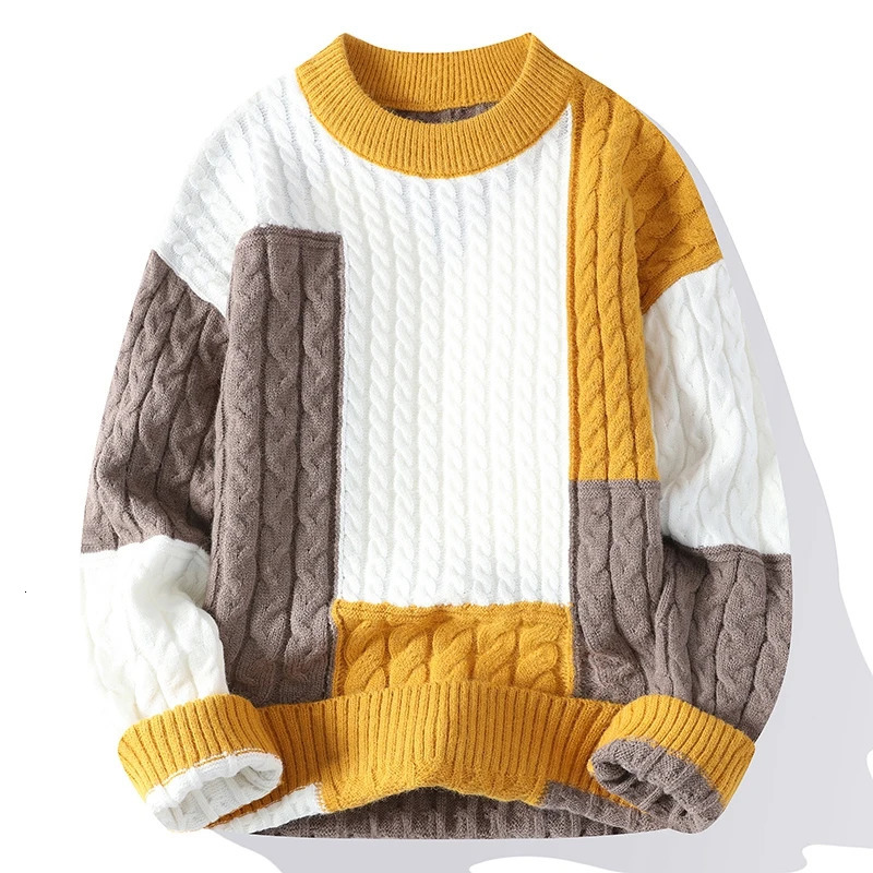 winter fashion patch work loose sweater mens street clothing high-quality mens casual sweater warm knit fleece mens clothing 241126