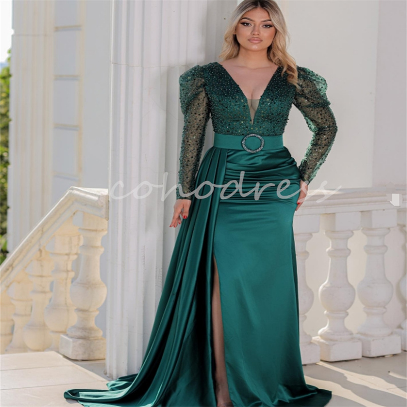 Arabic Pink Dubai Prom Dresses With Slit Plus Size Mermaid Sequin Evening Gowns Long Sleeve Satin Formal Ocacsion Birthday Robes De Soiree