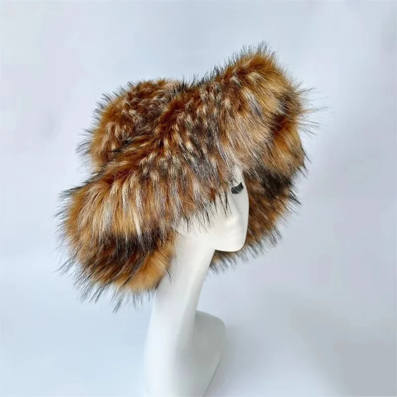 Fashionable artificial raccoon bucket hat for womens winter warmth large artificial fur fluffy plush fisherman hat for outdoor skiing in Panama 241125