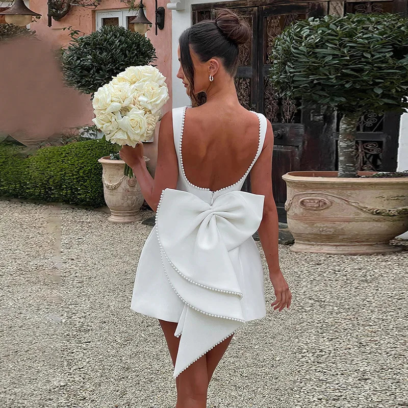 NIDANSSI White Pearl Backless Bow Evening Party Dress Women Robes Elegant Sexy Bodycon Mini Summer Vestidos 241112