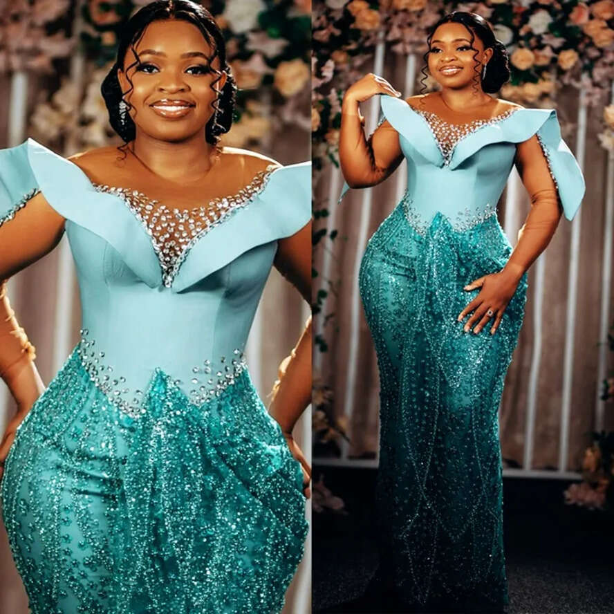 2024 Plus Size Prom Evening Dresses Elegant Illusion Long Sleeves Sheer Neck Beaded Crystals Lace Mermaid Birthday Dress Second Reception Gown