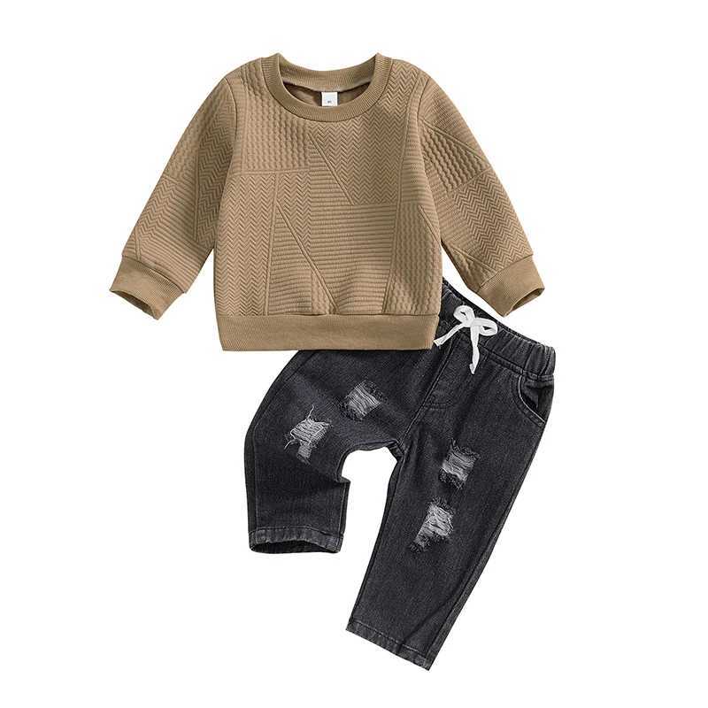 Clothing Sets Toddler Boy Winter Outfits Warm Fleece Hoodie Distressed Jeans Set Kids Clothing for Cold Weather Style H241126