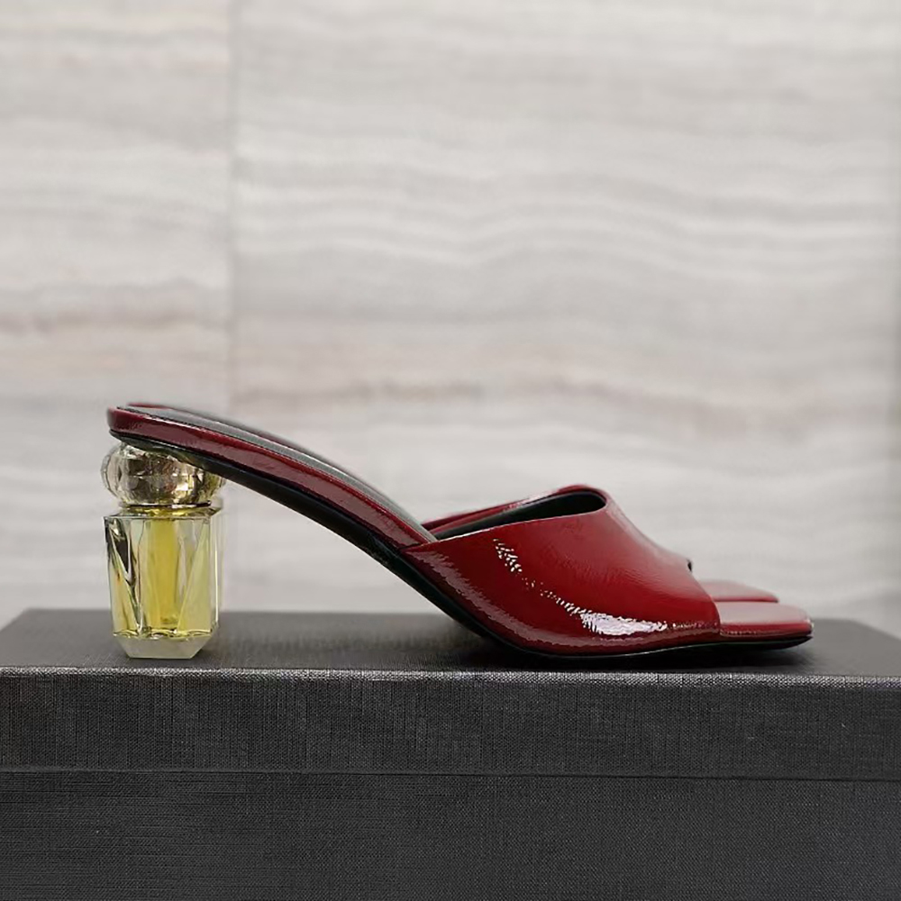 Women's mid heel slippers slides mule Patent Leather Perfume bottle shape heel sandal Silk rhinestone Square toe open toe slippers Luxury designer high heels