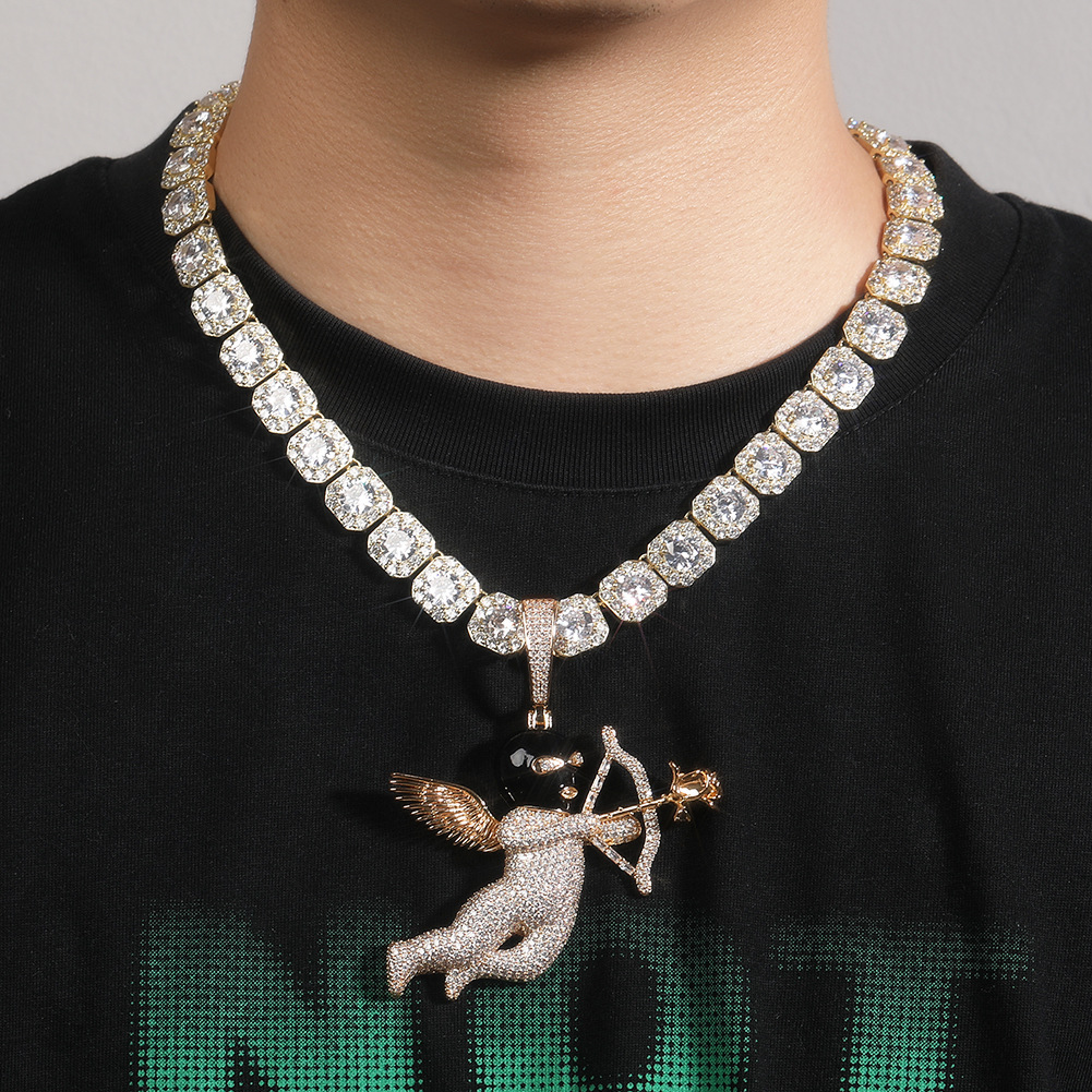 Hip Hop Rose Cupid's Arrow Pendant Necklace 5A Zircon Choker Couple Jewelry Valentine's Day Gift