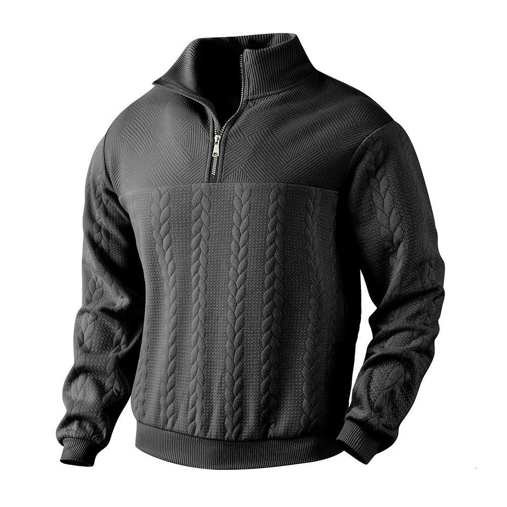 Mens casual Henry collar sweater long sleeved knitted stand up collar top zipper solid color hoodie pattern fashionable mens clothing 241126