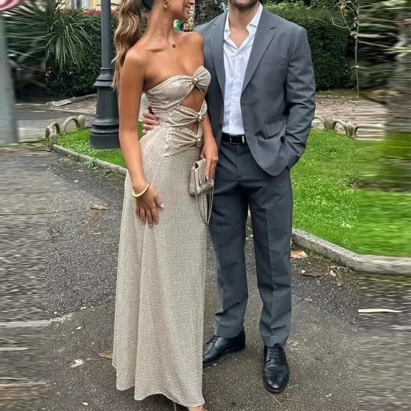 TRAF sexy cut sequin dress womens sparkling strapless party dress womens Midi shoulder dress body backless long dress 241125