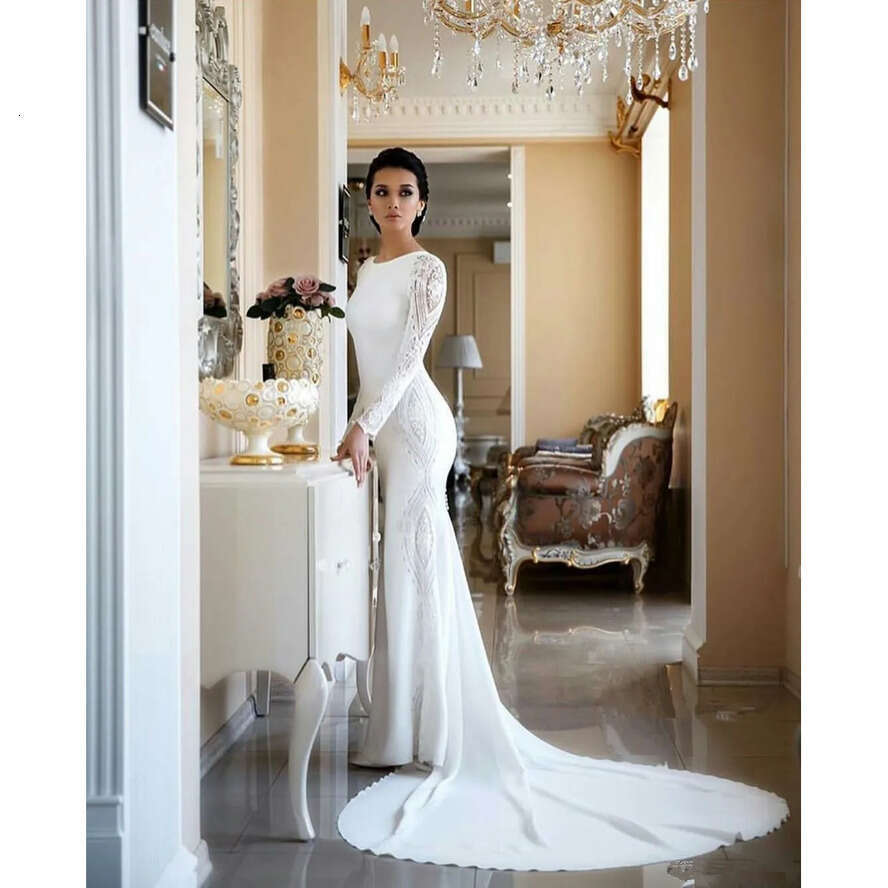 Modest Satin Mermaid Dresses Long Sleeves Lace Applique Beaded Sweep Train Boho Wedding Dress Bridal Gowns Plus Size