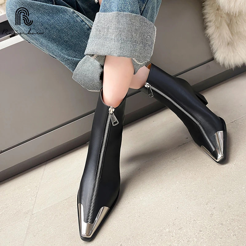 RAINBOW Size 34-39 Women Genuine Leather Ankle Chunky High Heel Pointed Toe Shoes Autumn Black Winter Boots Sexy Zippers