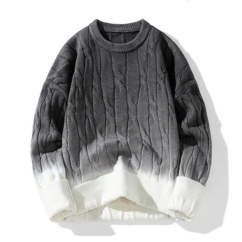 Korean gradient knitted loose block twisted knitted pull-out round neck sweater for autumn and winter warm couple top 241126
