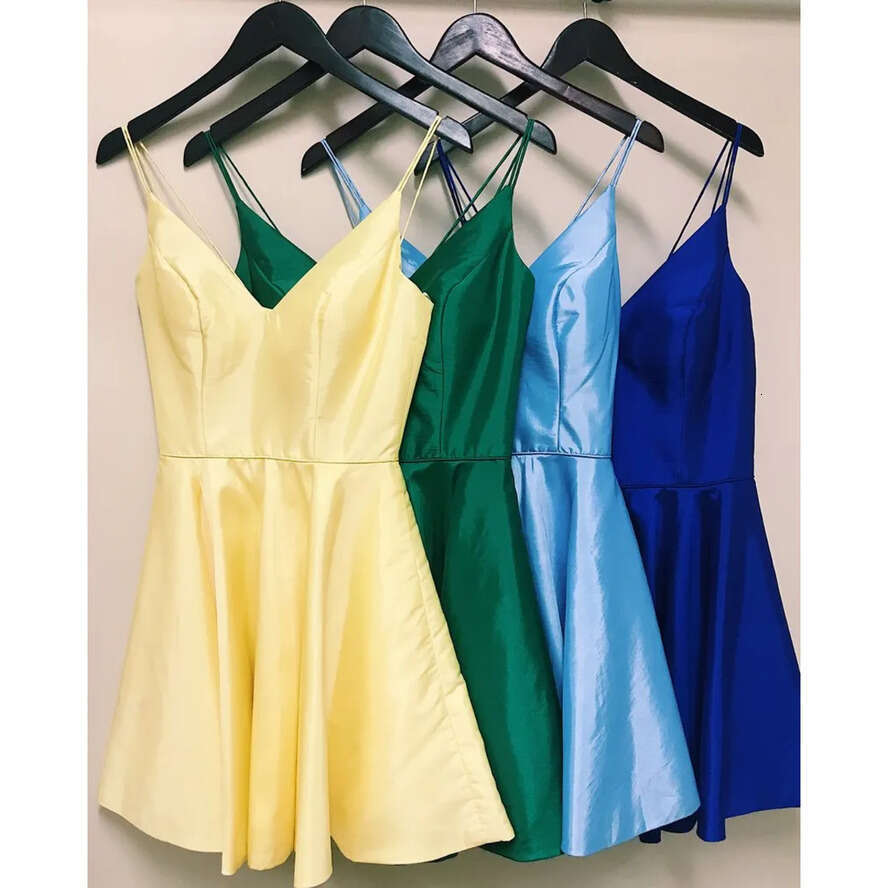 Red Spaghetti Straps Satin A-E Homecoming 2020 Cheap Ruched Pocket Knee Length Short Party Prom Graduation Dresses Bm1547