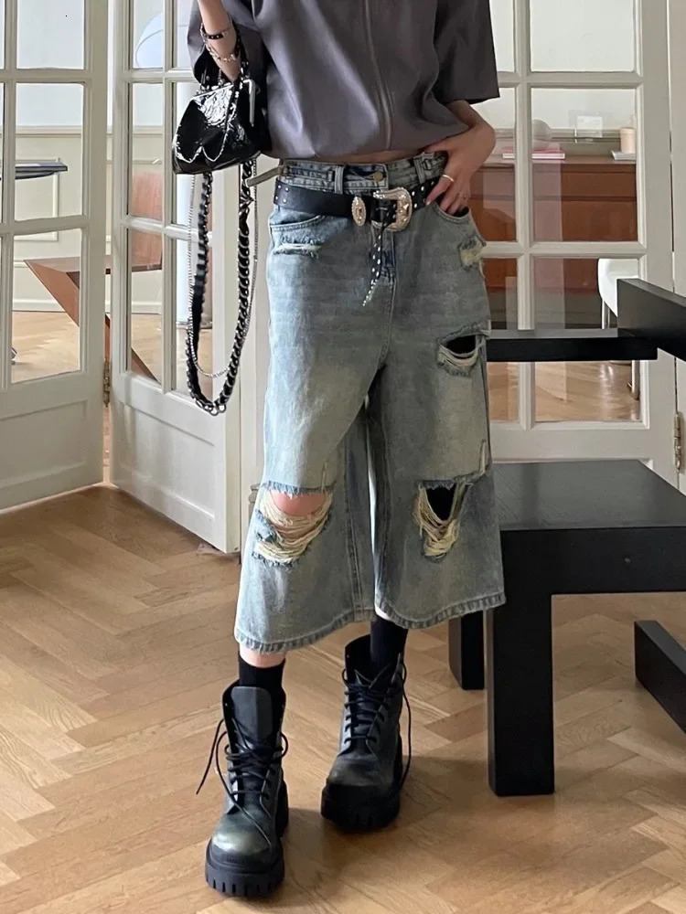 HOUZHOU Vintage Blue Ripped Short Jeans Women Oversized Distressed Jorts Y2k Grunge Baggy Boyfriend Denim Shorts Wide Streetwear 241126