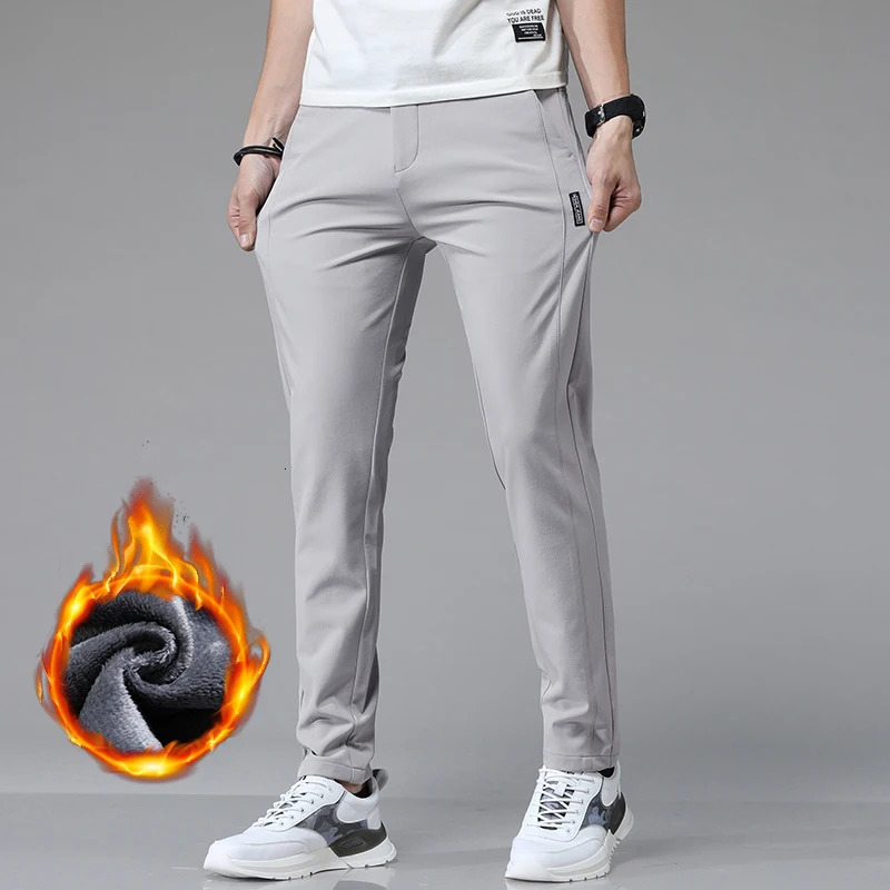 Korean Mens Warm Golf Pants Slim Straight Winter Thick Fleece Casual Pants Business Fashion Stretch Thermal Trousers Male 241126