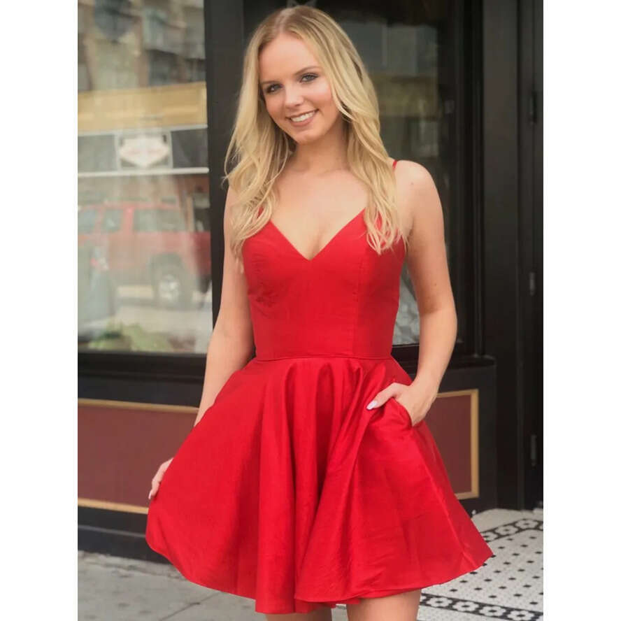 Red Spaghetti Straps Satin A-E Homecoming 2020 Cheap Ruched Pocket Knee Length Short Party Prom Graduation Dresses Bm1547