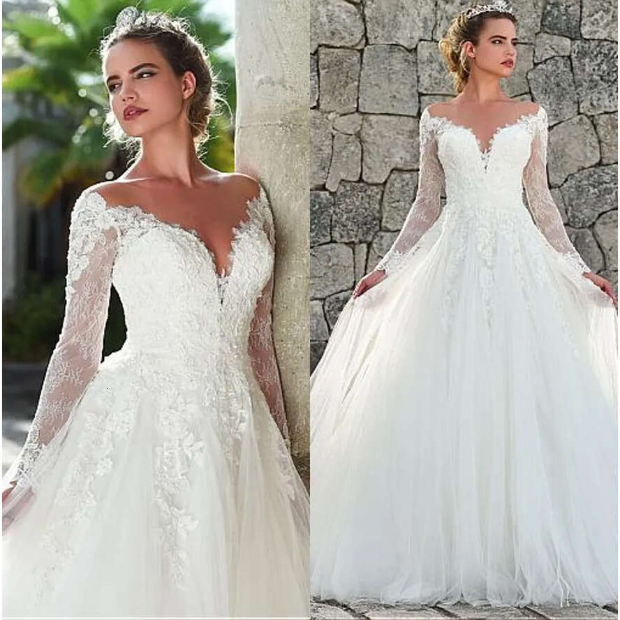 Elegant Lace A-E Dresses Illusion Necke Long Sleeve Vestios De Novia Tulle Applique Custom Made Sexy Back Bridal Wedding Gowns
