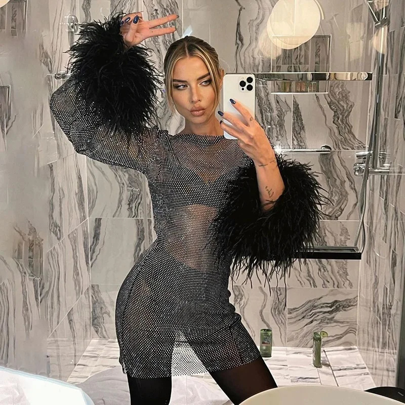 Sexy Mesh Mini Dress Women Fashion Feathers Tassel Full Sleeve See Through Summer Pink Shinny Club Party Outfit 241112