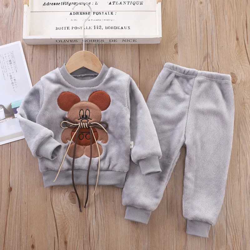 Clothing Sets New Cartoon Mouse Pajama Sets For Baby Boys Girls Winter Plus Velvet Thick Flannel Homewear Children Warm Sleepwear Suit 2Pcs H241126