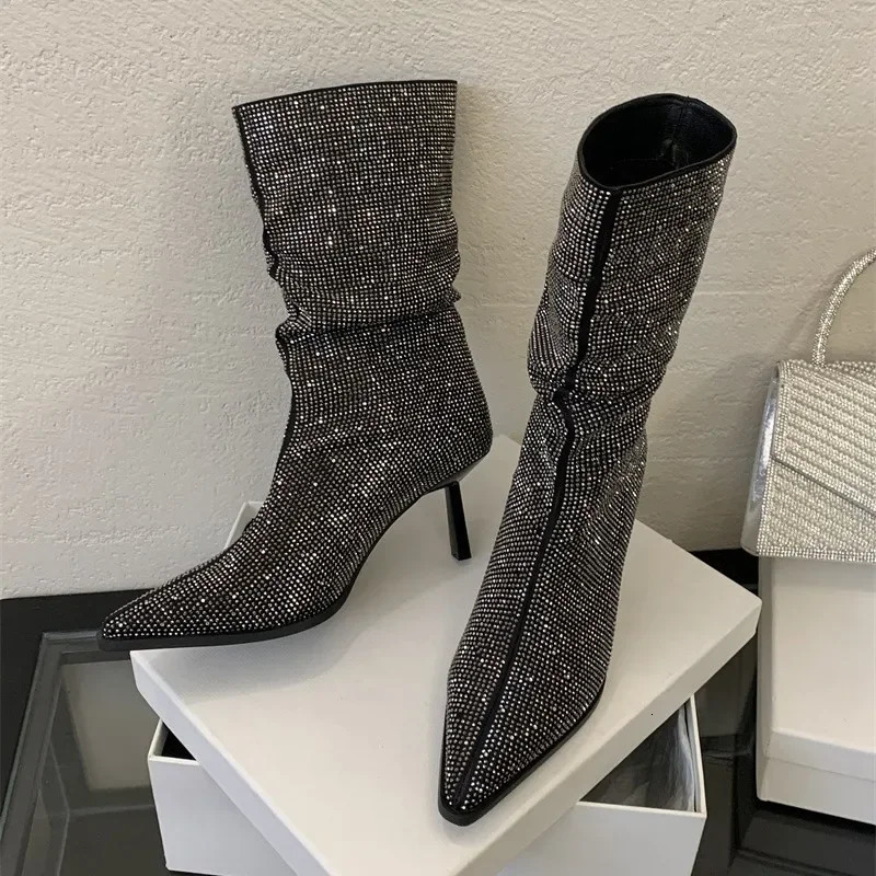 Rhinestone High Heel Ankle Boots Women Autumn Winter Pointed Toe er Modern Boots Glitter Sexy Short Boots Ladies 241126