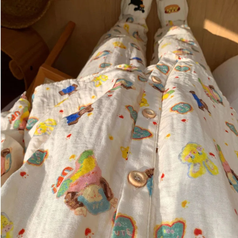 Cartoon Cute Printed 100% Cotton Cute Pajamas for Women Spring/Summer Collection Long Sleeve Mens Casual Pants 241126