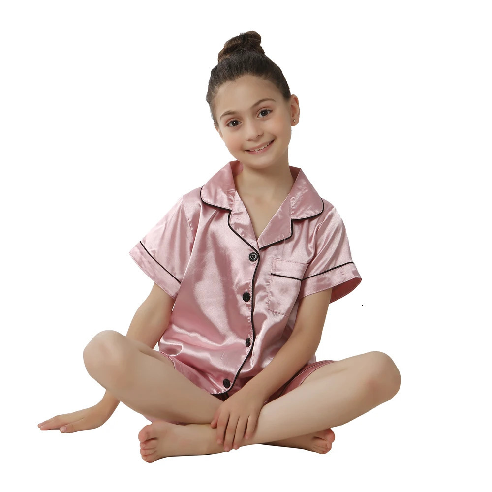 2 4 6 8 10 12 14 Years Children Pajamas Satin Silk Summer Toddler Boys Girls for Teens Pink Kids Pijamas Short Sleeve Pyjama Set 241126
