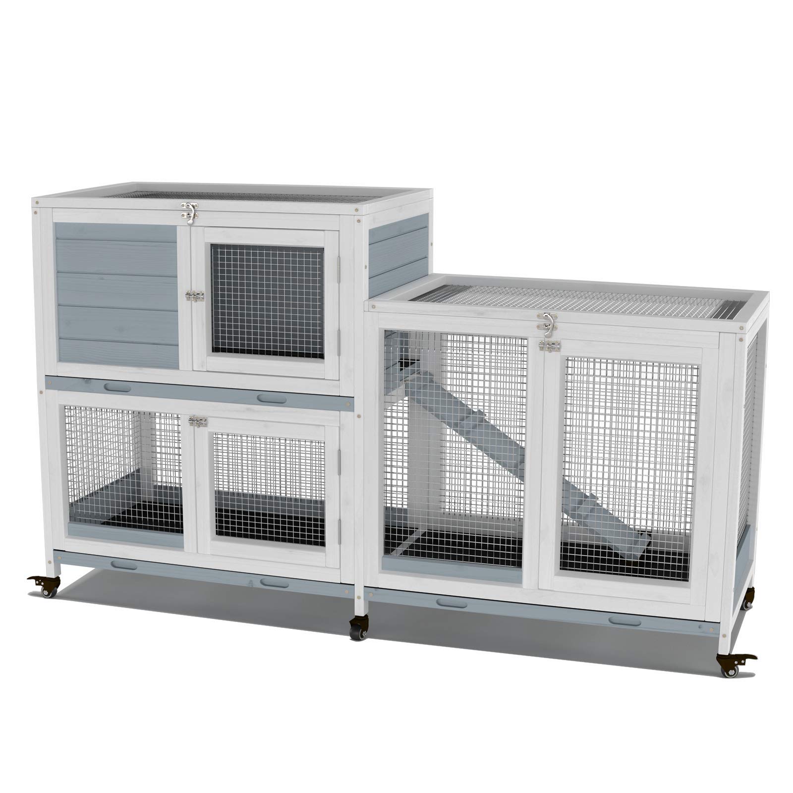 Wooden Indoor Bunny Hutch Rabbit Cage on Wheels Guinea Pig PET House for Small to Medium Animals Waterproof No Leak Tray