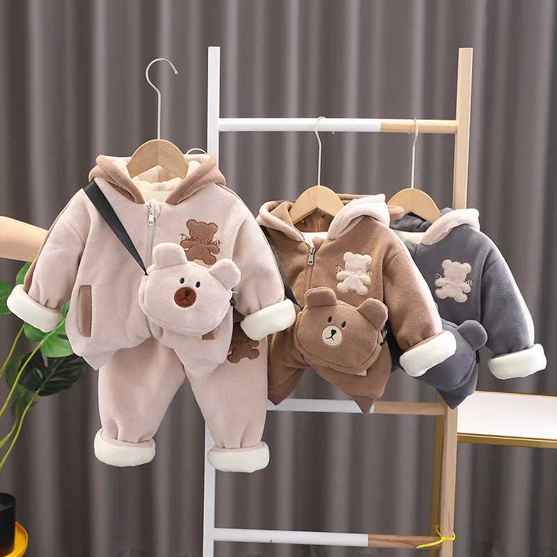 Clothing Sets Winter Baby Boys Clothes Cartoon Bear Hooded Jacket Coat Pants Bag 3Pcs/Set Cotton Warm Suit Children Clothing Toddler Tracksuit H241126