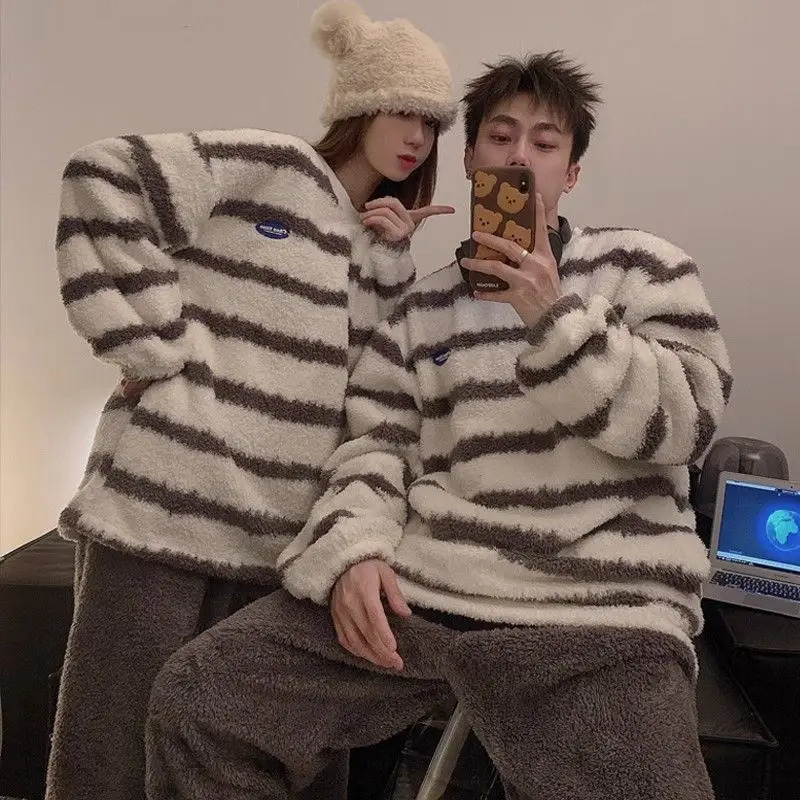 Coral Fleece couple pajamas suitable for winter women thick and warm simple stripes Korean version flannel home wear 2-piece set 241126