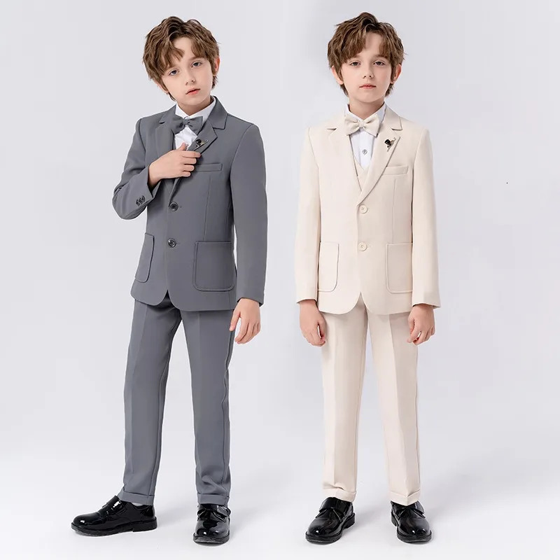 Baby Boys Suits for Weddings Kids Party School Uniforms Clothing Coat Vest Pants Bow Tie Brooch 5Pcs Fashion show costumes 241126
