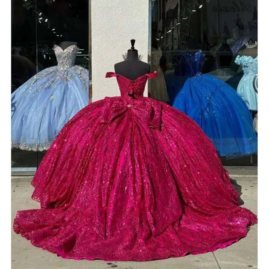Fabulous Fuia Princess Dresses Sparkly Prom Ball Gown Off Shoulder Glitter Sequins Dia Vestido De Quinceanera Bow 15 Masquerade Dress 1007