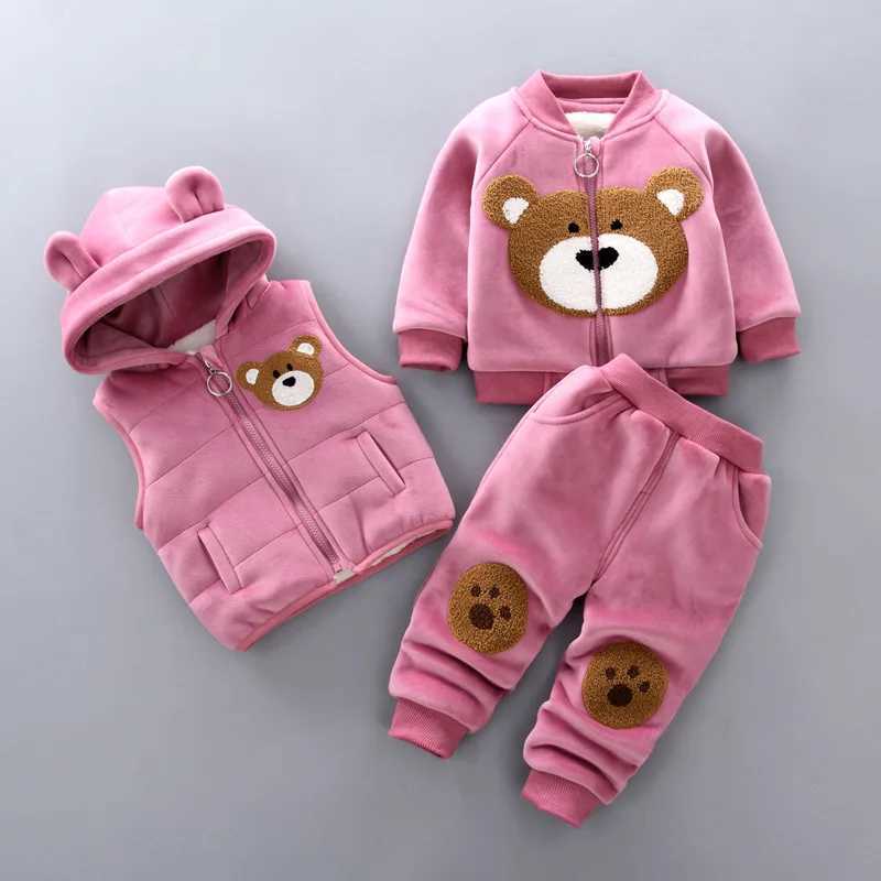 Clothing Sets Boys Girls Cartoon Bear Clothing Suits Baby Plus Velvet Jacket+Vest+ Pants 3Pcs Sets Kids Toddler Winter Sports Clothes 1-4Yrs H241126