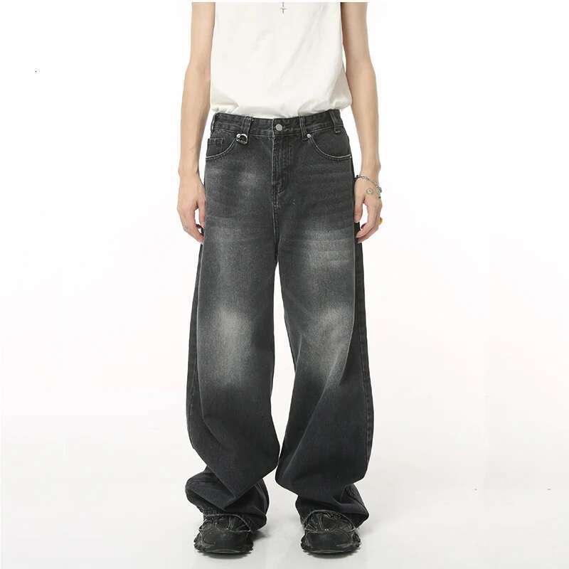 Rindu Streetwear Vintage Y2k Men's Jeans Black Baggy Trousers New Wide Leg Denim Hip Hop Haruku Distressed Straight Pants