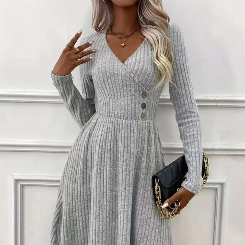 Autumn Winter Sweater Dress V Neck Aline Knitted Long Sleeves Big Hem Midi 241112