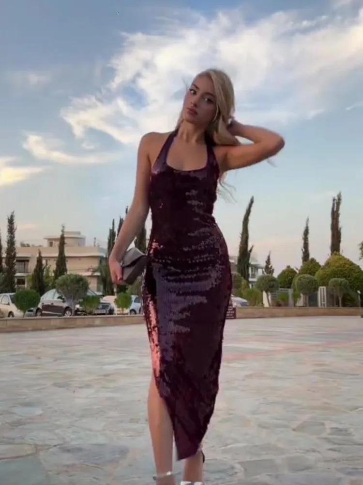 Strap sequin dress party dress sexy backless ultra-thin fit fashionable elegant hanging collar womens beach dress social evening dress 241125