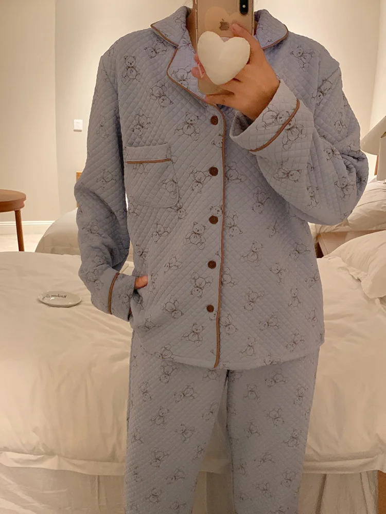 Bear print cartoon home winter thick lover long sleeved pajamas set for womens sweet Korean cotton couple Kawai casual pajamas 241125