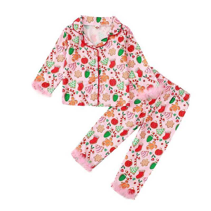 Clothing Sets Kids Girls Adorable Christmas Pajama Set Feathers Trim Loungwear Printed Long Sleeve Lapel Neck Tops and Long Pants 2PCS Outfits H241126