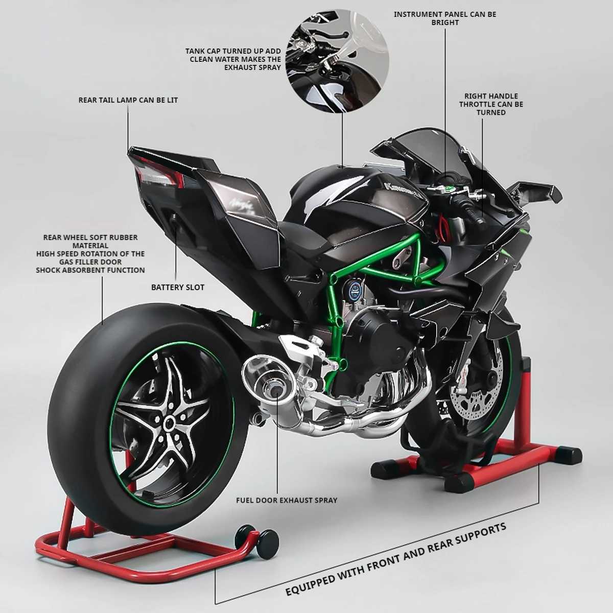 Large 1 6 Kawasaki H2R Guided Spray Dynamic Alloy Metal Die Casting Motorcycle Model Sound Light Boutique Simulated Gift Box W241126