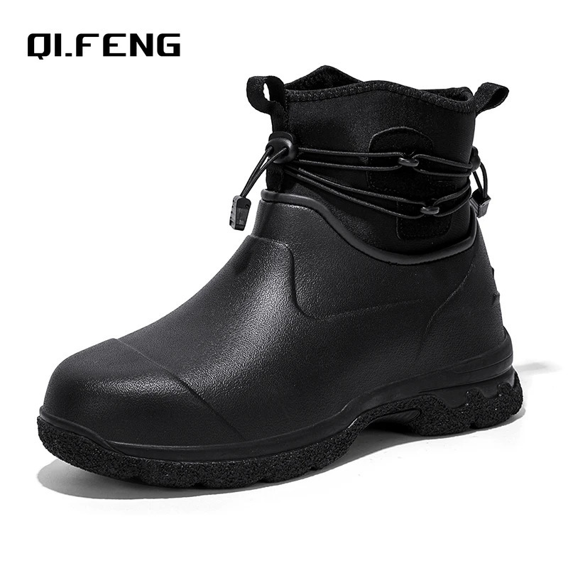 Mens rain boots leather soles high anti water ski shoes outdoor mountain plush warm work boots safety boots 241126